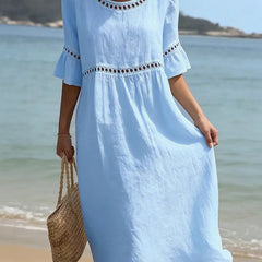 Women's Belly-Smoothing Midi Dress - Elegant Summer Style - Blue