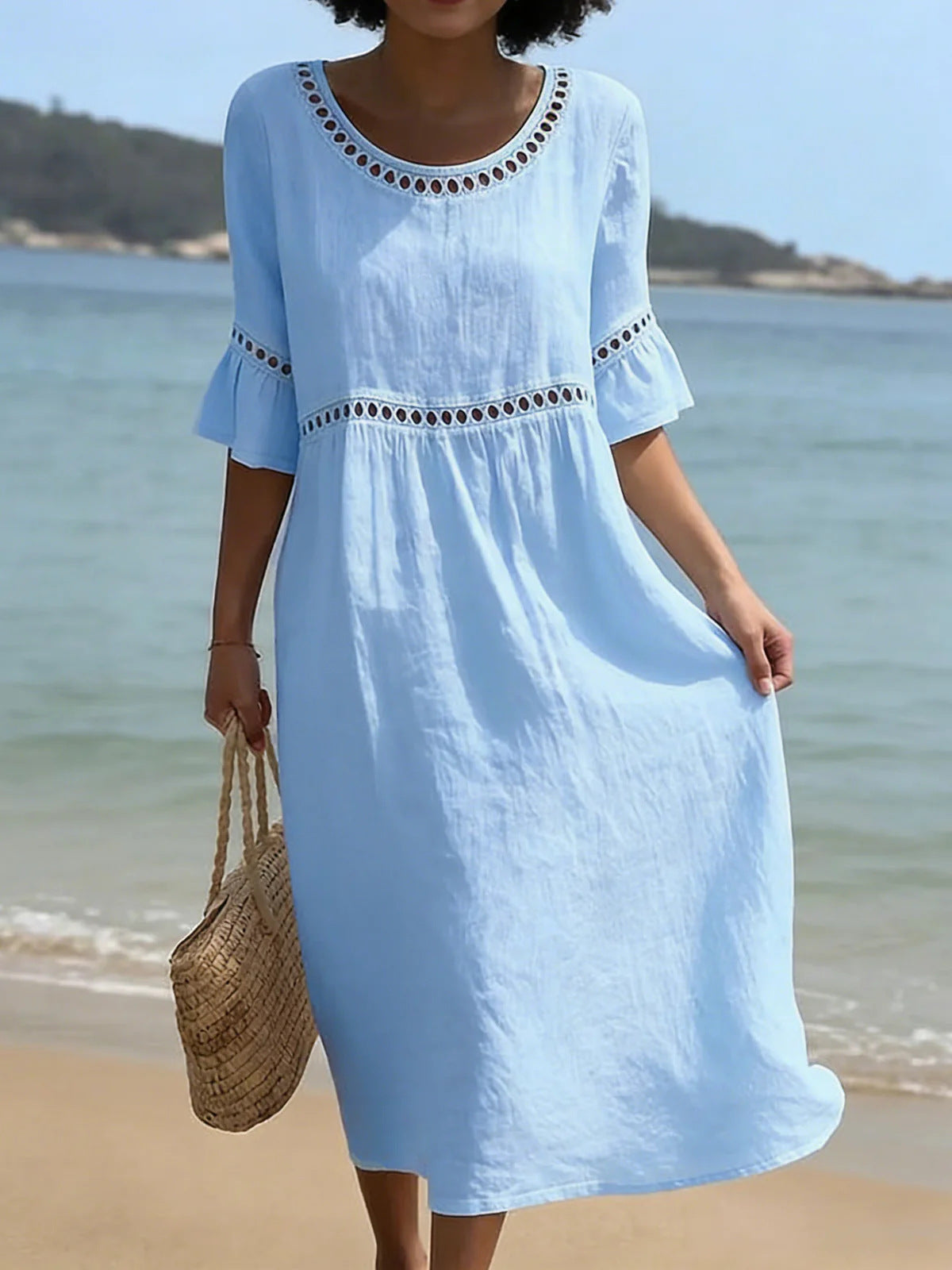 Women's Belly-Smoothing Midi Dress - Elegant Summer Style - Blue