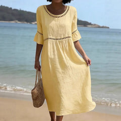 Women's Belly-Smoothing Midi Dress - Elegant Summer Style - Yellow