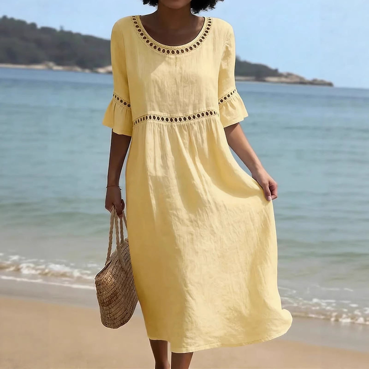 Women's Belly-Smoothing Midi Dress - Elegant Summer Style - Yellow