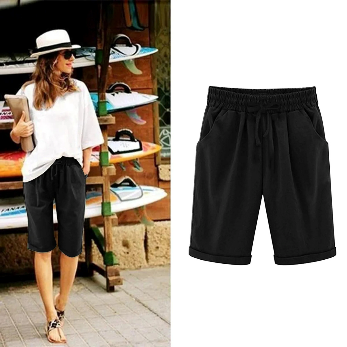 Women's Bermuda Shorts | Cotton Linen | Summer - Black