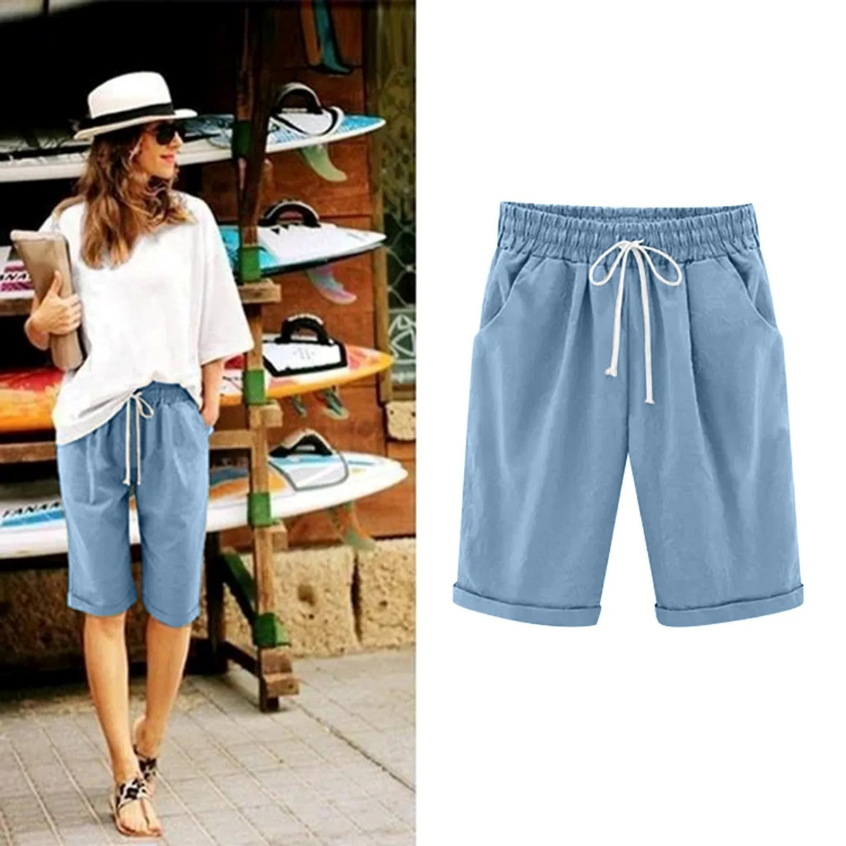 Women's Bermuda Shorts | Cotton Linen | Summer - Blue