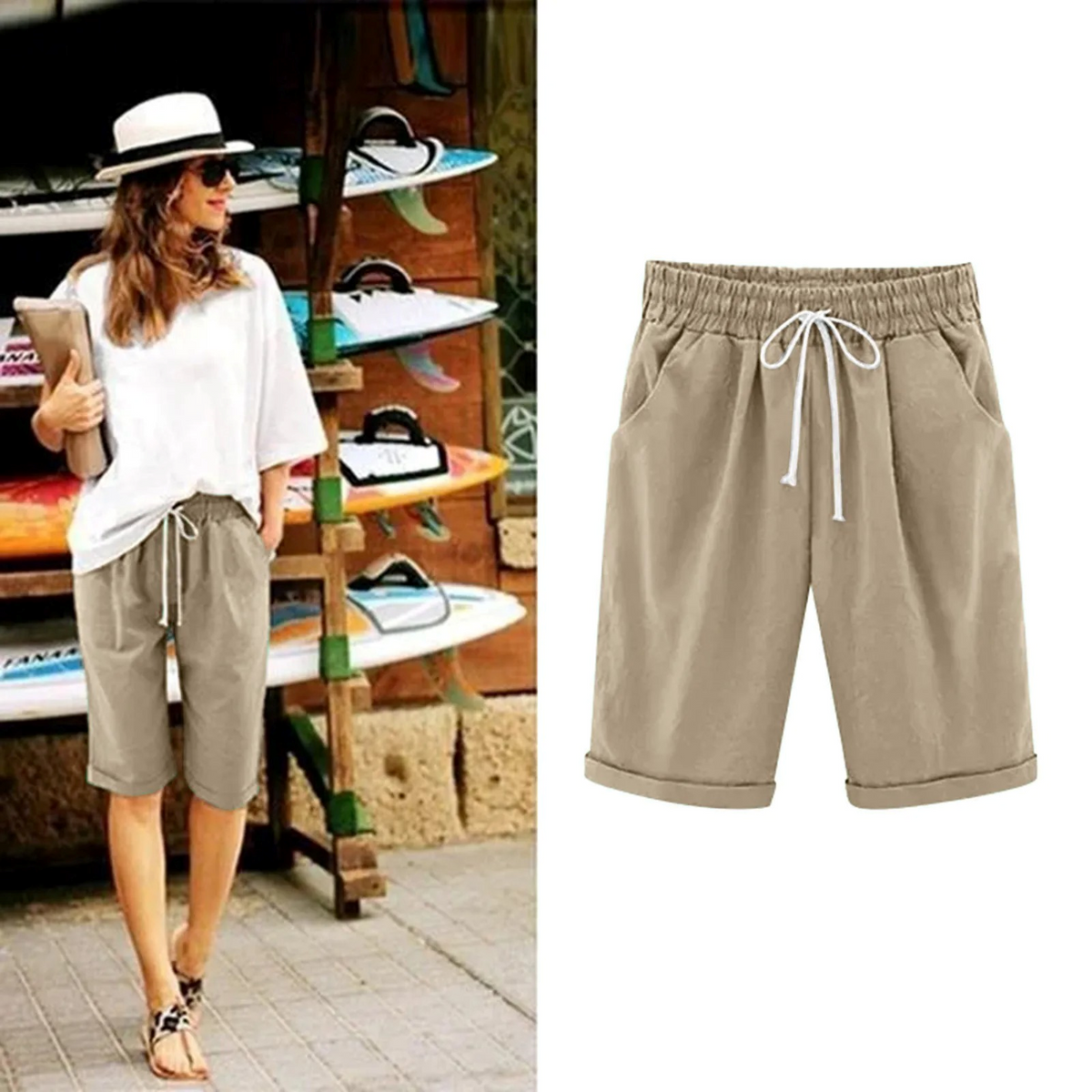Women's Bermuda Shorts | Cotton Linen | Summer - Brown
