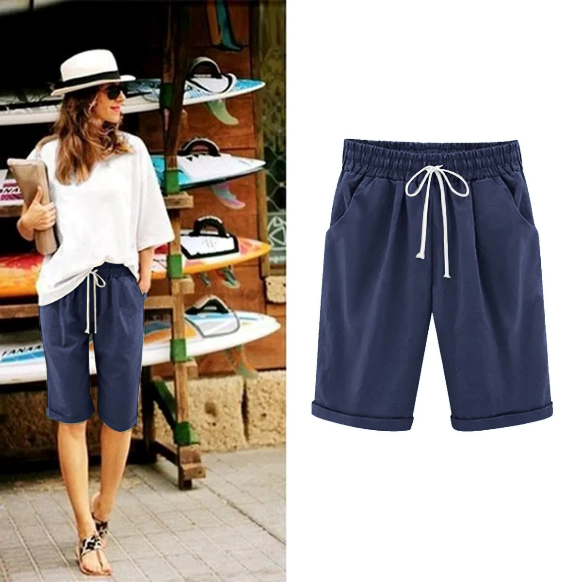 Women's Bermuda Shorts | Cotton Linen | Summer - Dark Blue