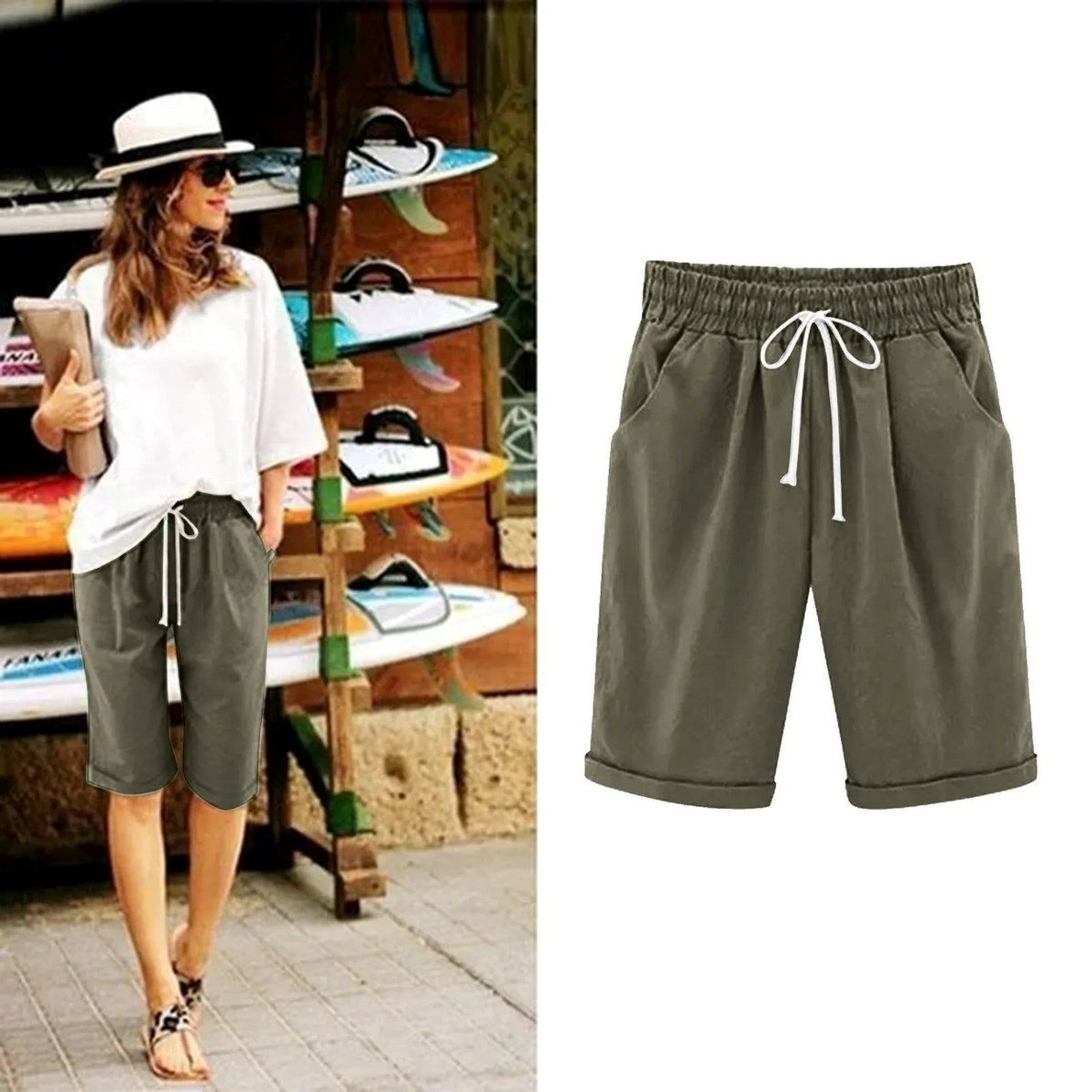 Women's Bermuda Shorts | Cotton Linen | Summer - Dark Green