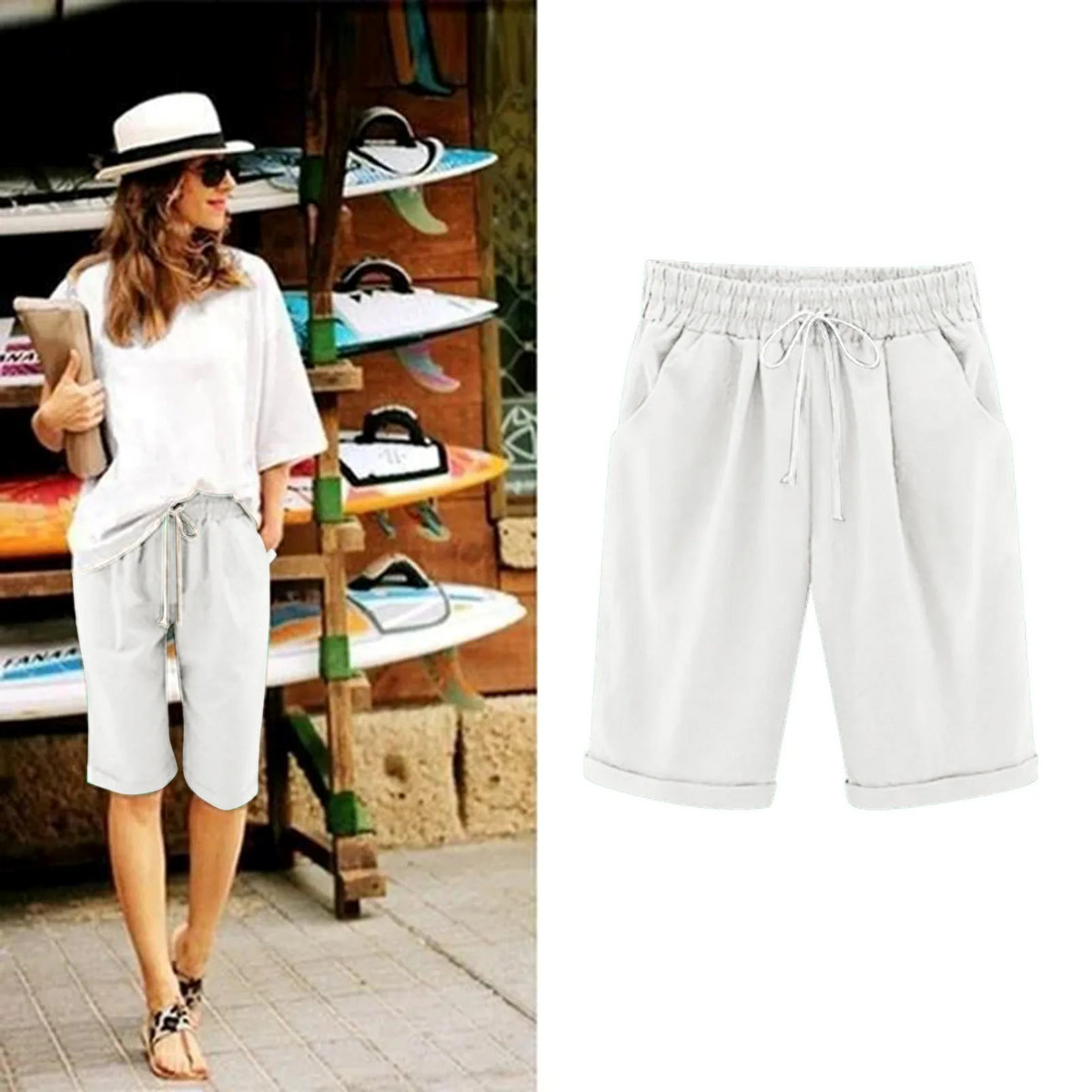 Women's Bermuda Shorts | Cotton Linen | Summer - White