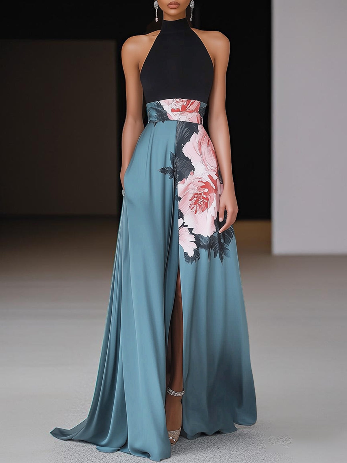 Women's Black Floral Sleeveless A-Line Maxi Dress | Summer - Black