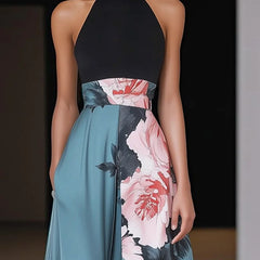 Women's Black Floral Sleeveless A-Line Maxi Dress | Summer