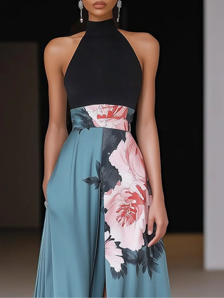 Women's Black Floral Sleeveless A-Line Maxi Dress | Summer