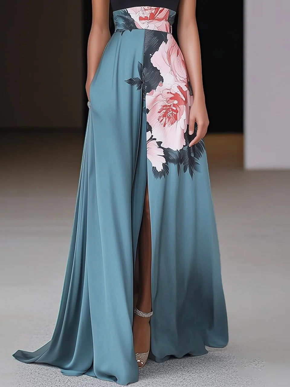 Women's Black Floral Sleeveless A-Line Maxi Dress | Summer