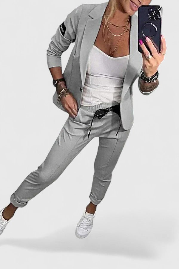 Women's Blazer and Jogger Set - Elegant Two-Piece | Autumn - Gray