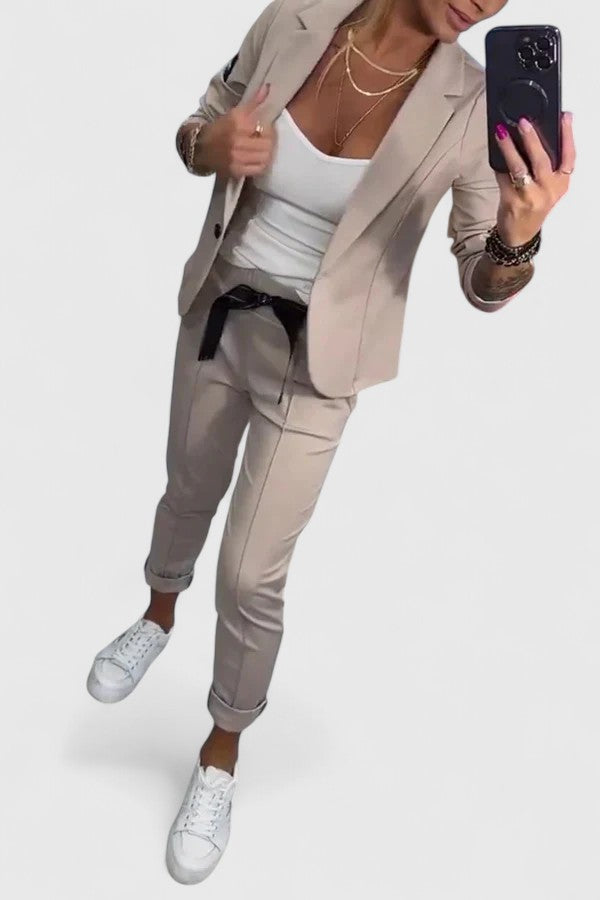 Women's Blazer and Jogger Set - Elegant Two-Piece | Autumn - Khaki
