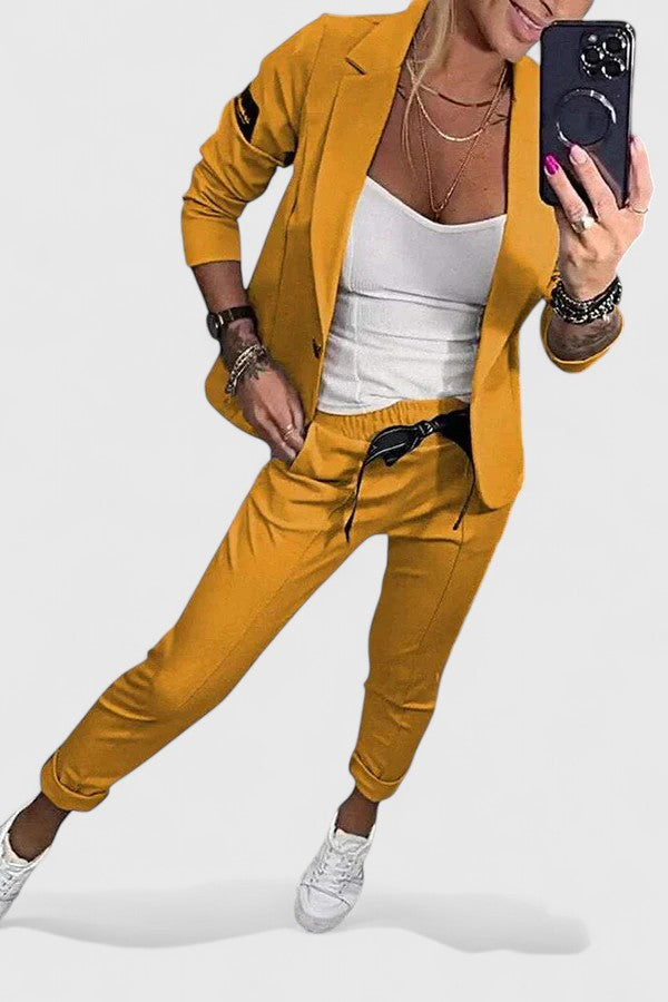 Women's Blazer and Jogger Set - Elegant Two-Piece | Autumn - Vintage Yellow