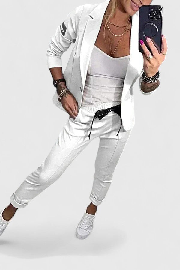 Women's Blazer and Jogger Set - Elegant Two-Piece | Autumn - White