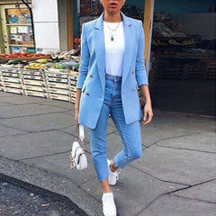 Women's Blazer | Double Button Elegant | Long Fit | Autumn - Sky Blue