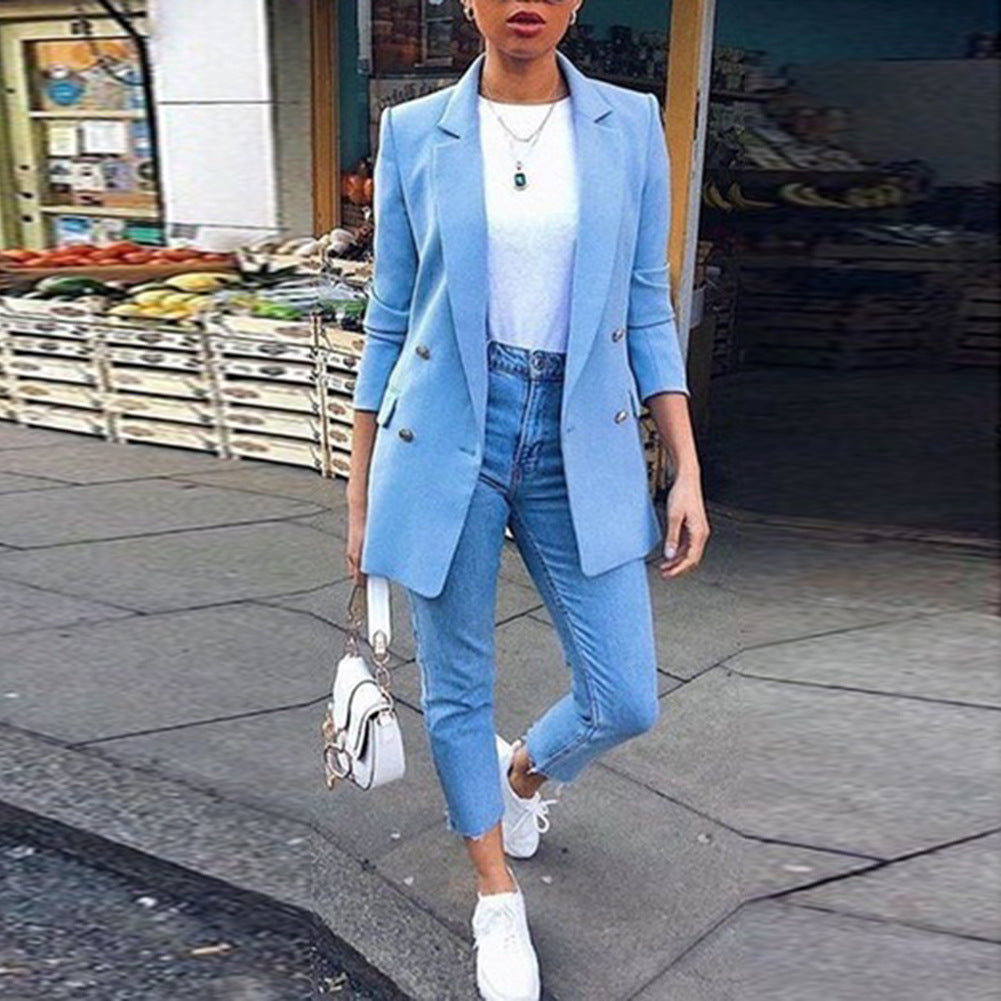 Women's Blazer | Double Button Elegant | Long Fit | Autumn - Sky Blue