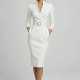 Women's Blazer Midi Dress | V-Neck | Tailored | Spring - White