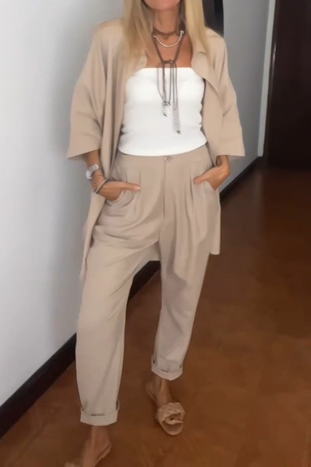 Women's Blazer & Trouser Two Piece Set - Casual Chic | Spring - Khaki