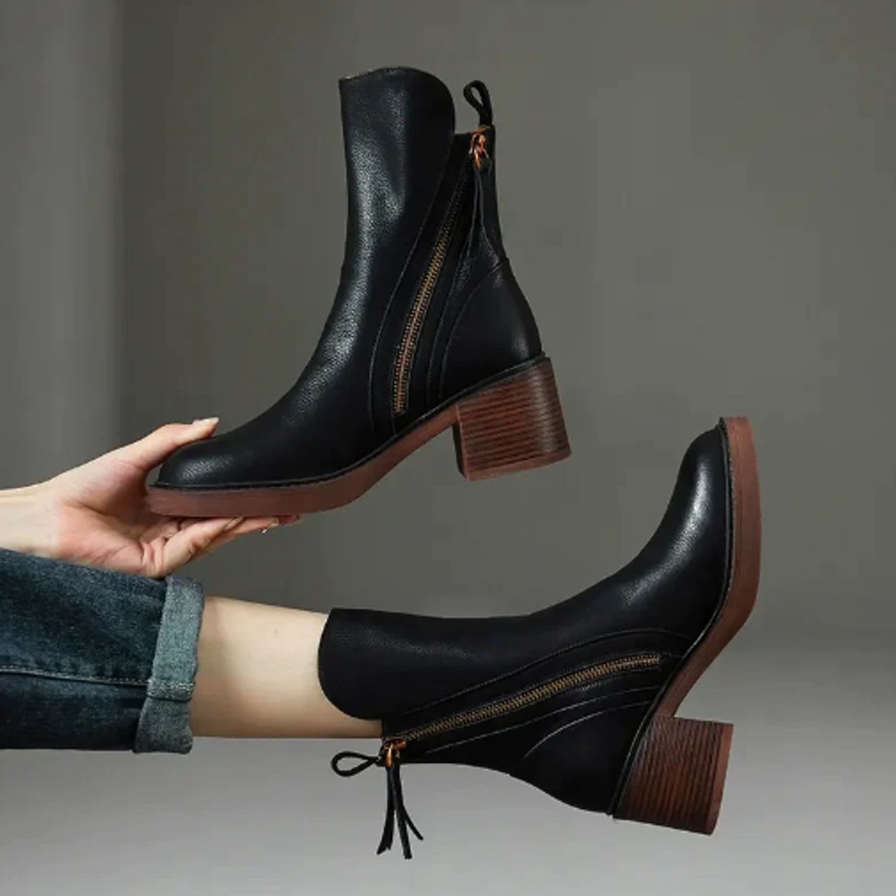 Women's Block Heel Leather Ankle Boots with Side Zip | Autumn - Black