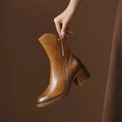 Women's Block Heel Leather Ankle Boots with Side Zip | Autumn