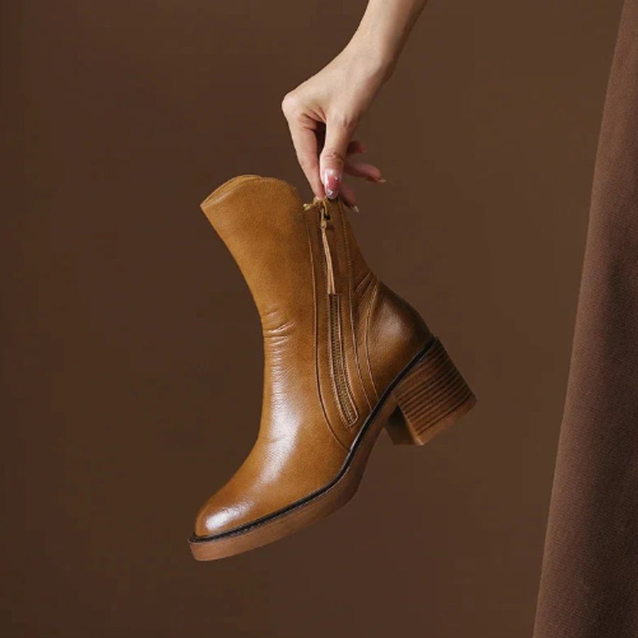 Women's Block Heel Leather Ankle Boots with Side Zip | Autumn