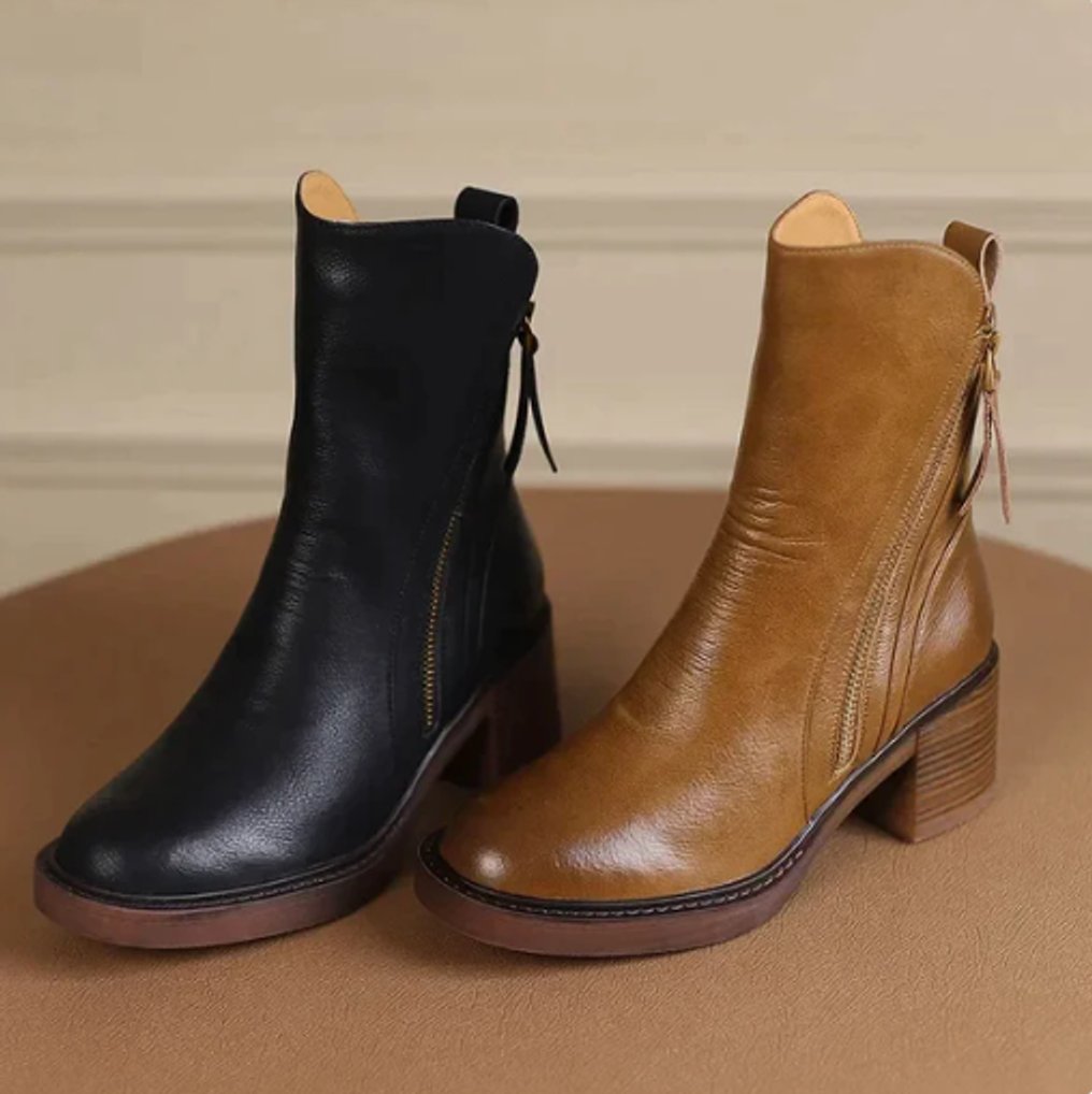 Women's Block Heel Leather Ankle Boots with Side Zip | Autumn
