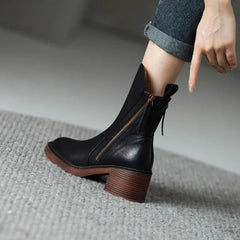Women's Block Heel Leather Ankle Boots with Side Zip | Autumn