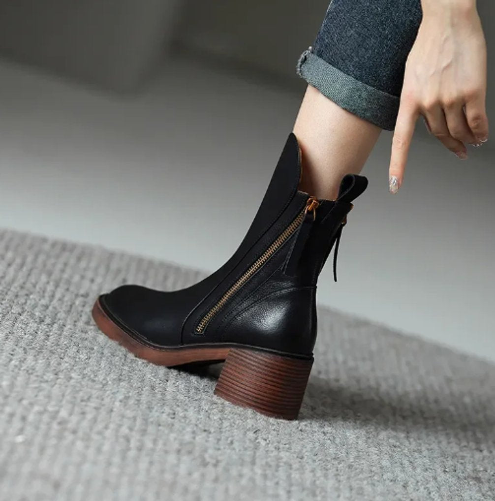 Women's Block Heel Leather Ankle Boots with Side Zip | Autumn