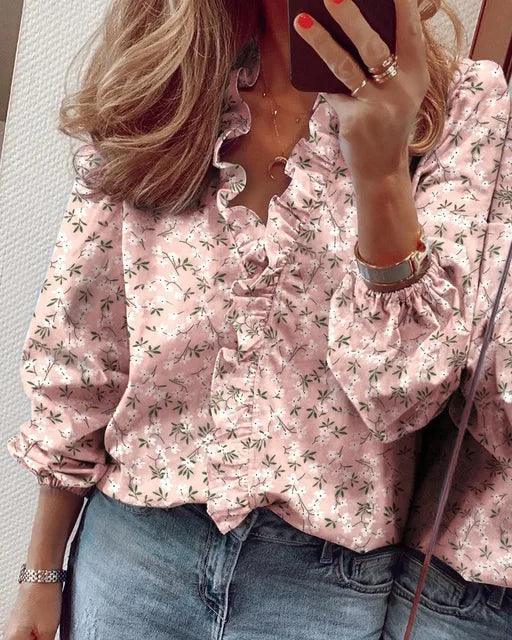 Women's Blouse | Long Sleeve | Ruffle Neckline | Buttons | Spring - Pink