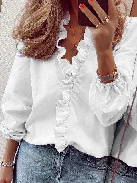 Women's Blouse | Long Sleeve | Ruffle Neckline | Buttons | Spring - White
