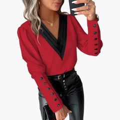Women's Blouse | V-Neck Button Cuffs | Elegant | Winter - Red