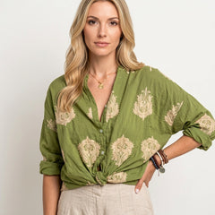 Women's Blouse with Golden Leaf Print | Loose Fit | Summer