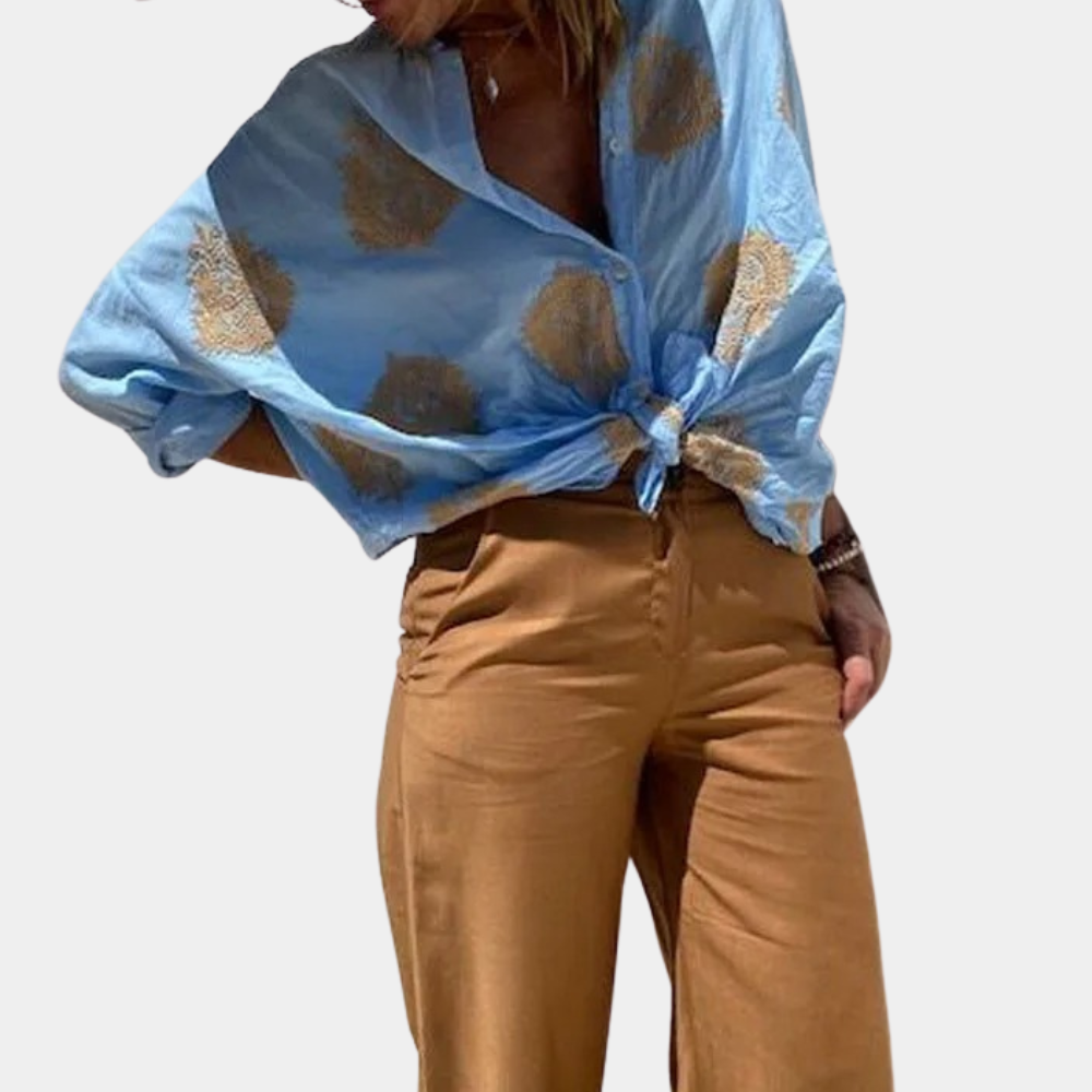Women's Blouse with Golden Leaf Print | Loose Fit | Summer