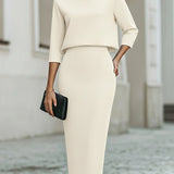 Women's Boat Neck Two Piece Set Midi Skirt 3/4 Sleeve | Autumn - Beige