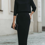 Women's Boat Neck Two Piece Set Midi Skirt 3/4 Sleeve | Autumn - Black