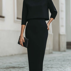 Women's Boat Neck Two Piece Set Midi Skirt 3/4 Sleeve | Autumn - Black