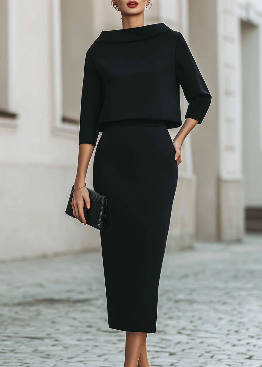 Women's Boat Neck Two Piece Set Midi Skirt 3/4 Sleeve | Autumn - Black
