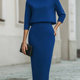 Women's Boat Neck Two Piece Set Midi Skirt 3/4 Sleeve | Autumn - Blue