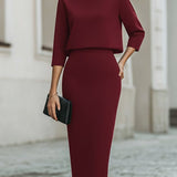 Women's Boat Neck Two Piece Set Midi Skirt 3/4 Sleeve | Autumn - Burgundy