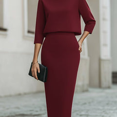 Women's Boat Neck Two Piece Set Midi Skirt 3/4 Sleeve | Autumn - Burgundy