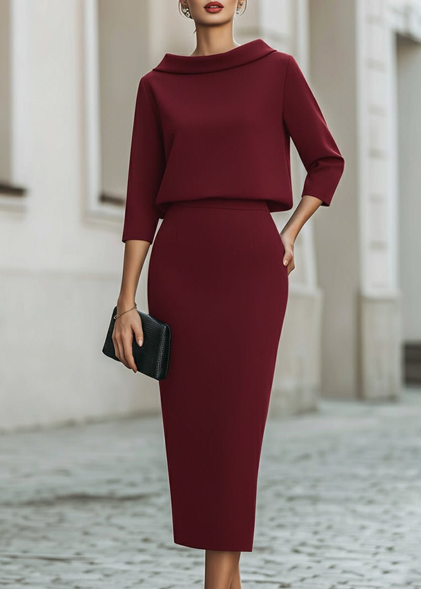 Women's Boat Neck Two Piece Set Midi Skirt 3/4 Sleeve | Autumn - Burgundy