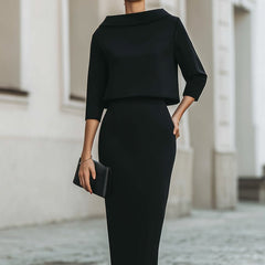 Women's Boat Neck Two Piece Set Midi Skirt 3/4 Sleeve | Autumn
