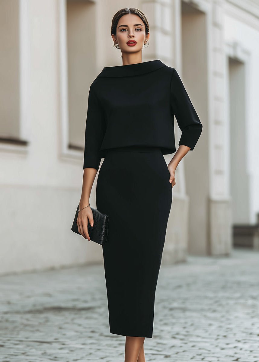 Women's Boat Neck Two Piece Set Midi Skirt 3/4 Sleeve | Autumn