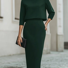 Women's Boat Neck Two Piece Set Midi Skirt 3/4 Sleeve | Autumn - Emerald Green