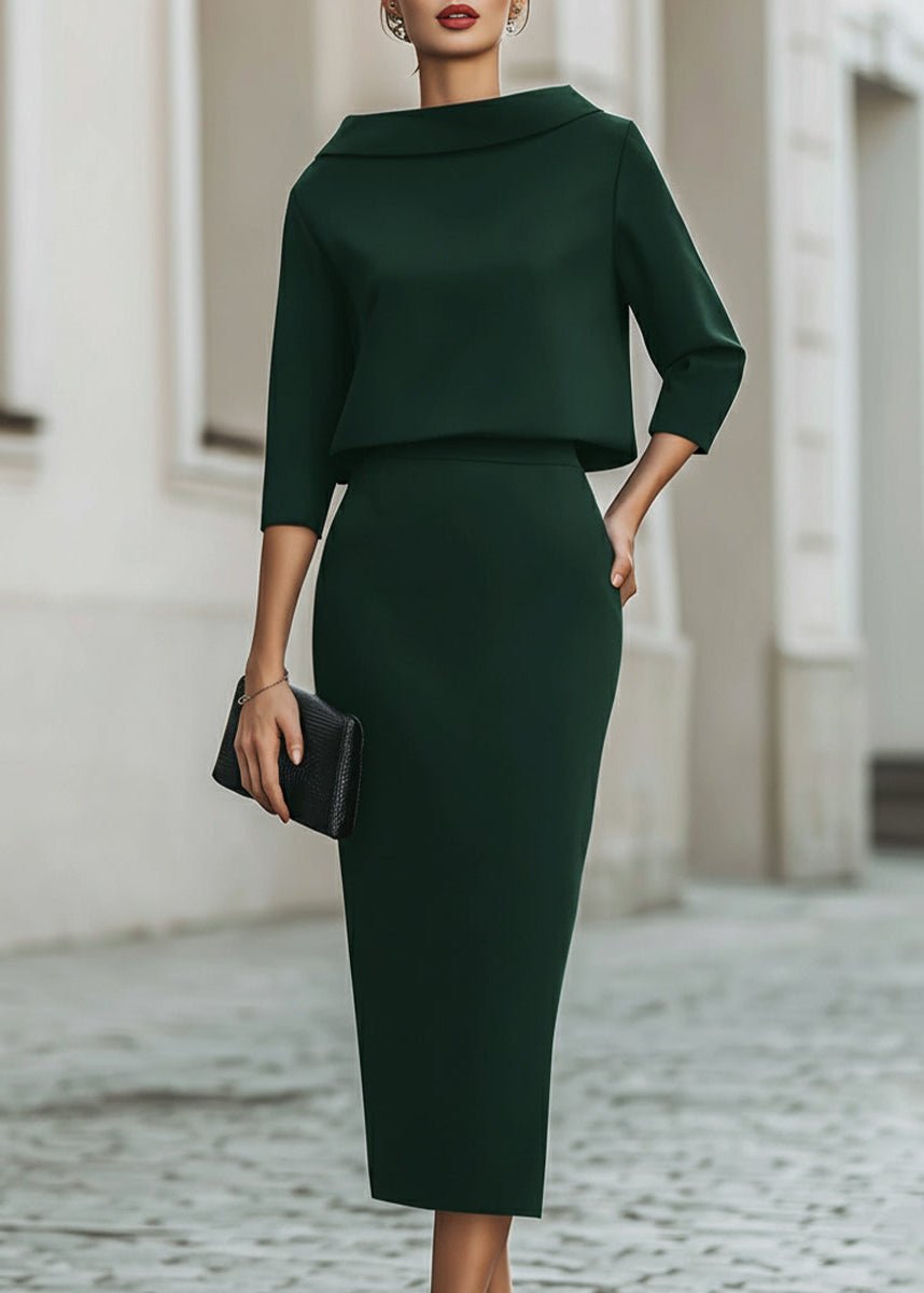 Women's Boat Neck Two Piece Set Midi Skirt 3/4 Sleeve | Autumn - Emerald Green