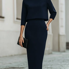 Women's Boat Neck Two Piece Set Midi Skirt 3/4 Sleeve | Autumn - Navy