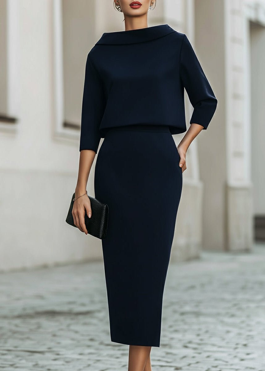 Women's Boat Neck Two Piece Set Midi Skirt 3/4 Sleeve | Autumn - Navy