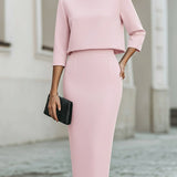 Women's Boat Neck Two Piece Set Midi Skirt 3/4 Sleeve | Autumn - Pink