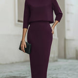 Women's Boat Neck Two Piece Set Midi Skirt 3/4 Sleeve | Autumn - Purple
