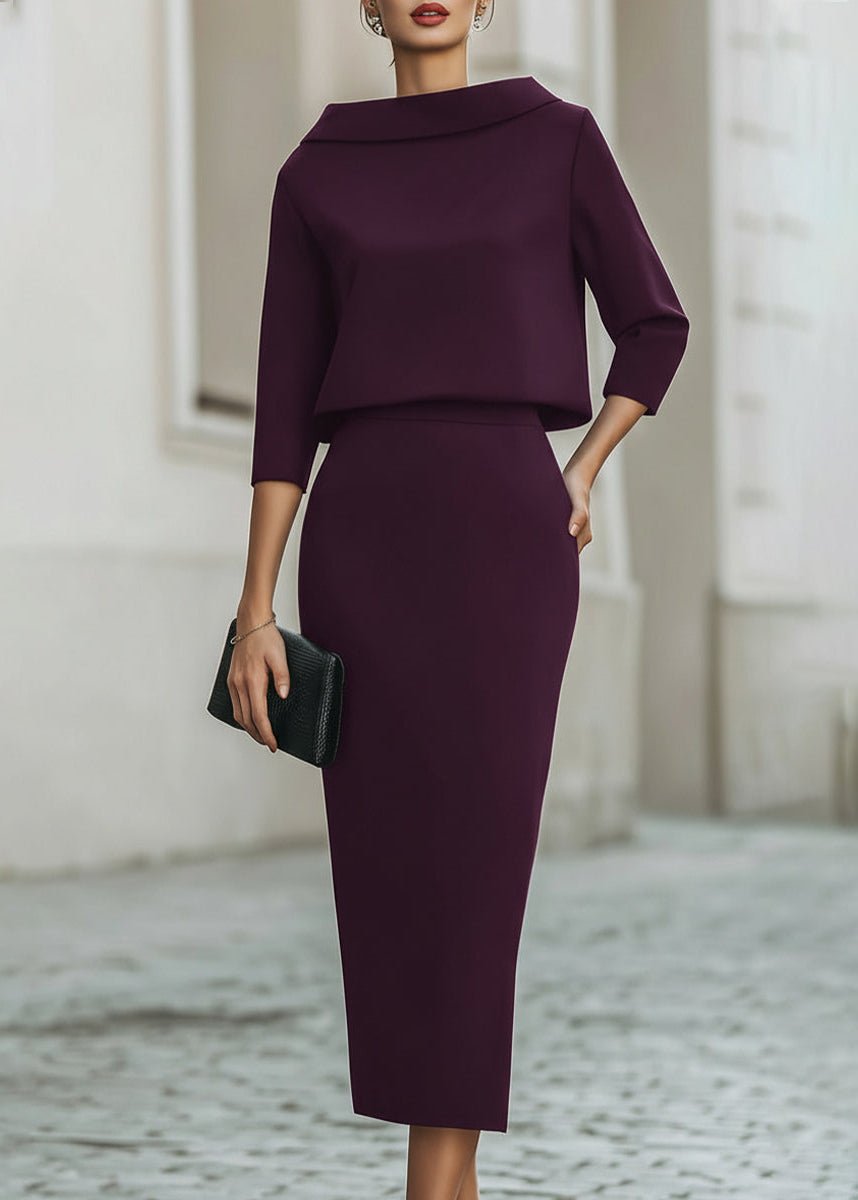 Women's Boat Neck Two Piece Set Midi Skirt 3/4 Sleeve | Autumn - Purple